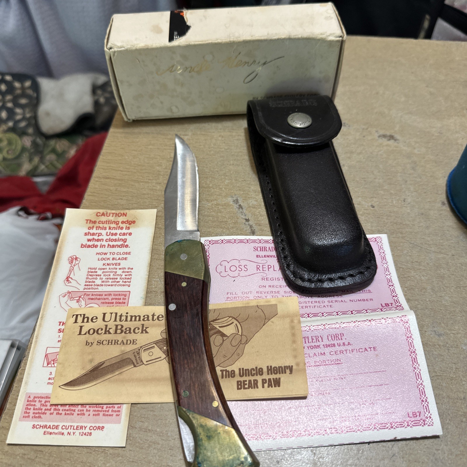 Vintage Uncle Henry Schrade LB7 USA Lockback Knife, Sheath, Box & Papers incl. 