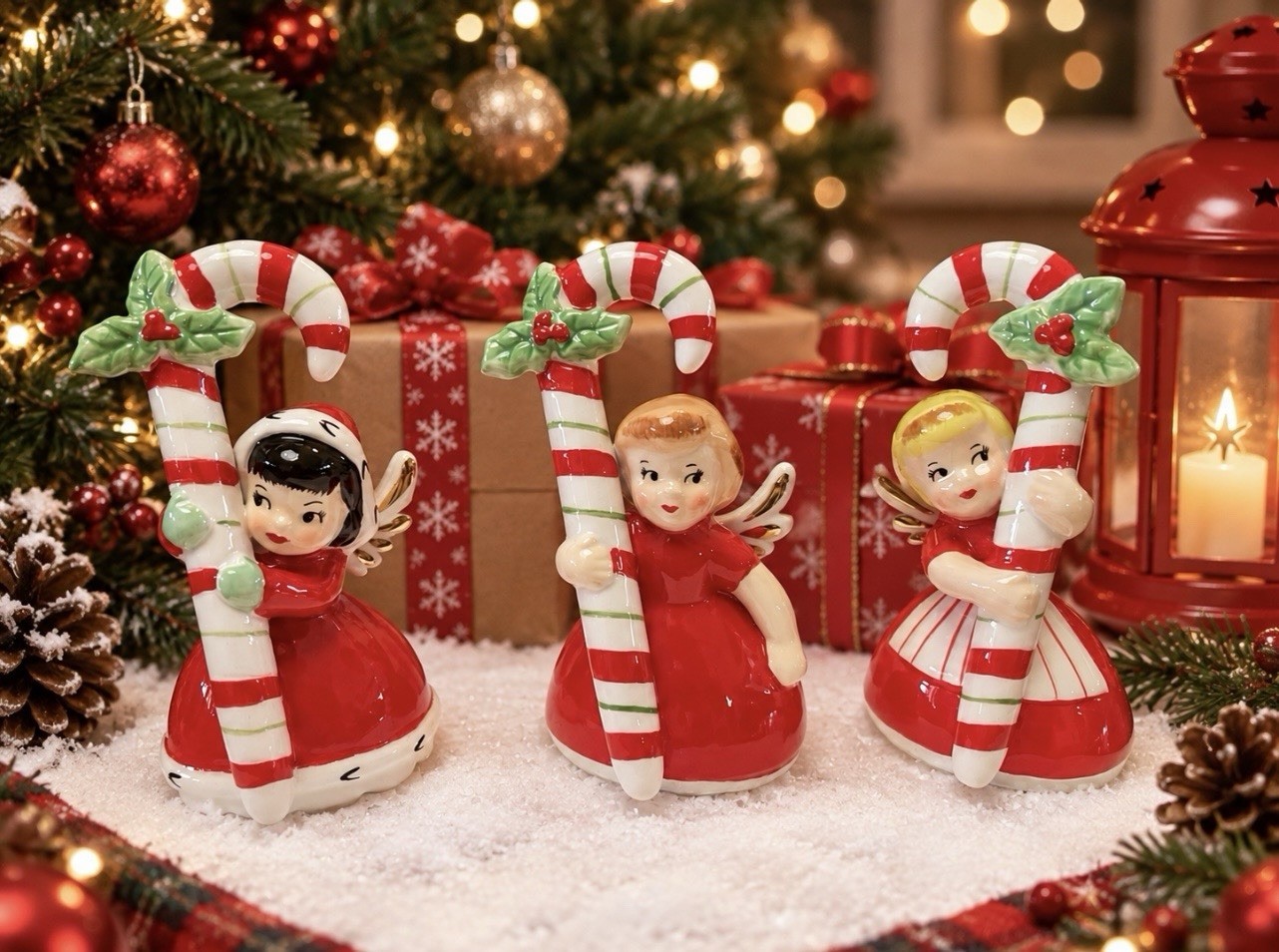 Candy Cane Angel Figurine Set G/W Vintage Lefton Napco Norcrest Christmas Decor