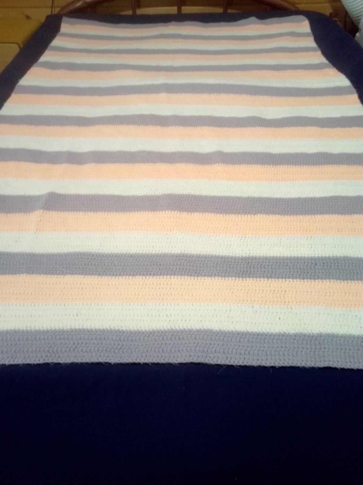Vintage Handmade Crochet Afghan Blanket Throw 40x58 Striped Peach Grey White