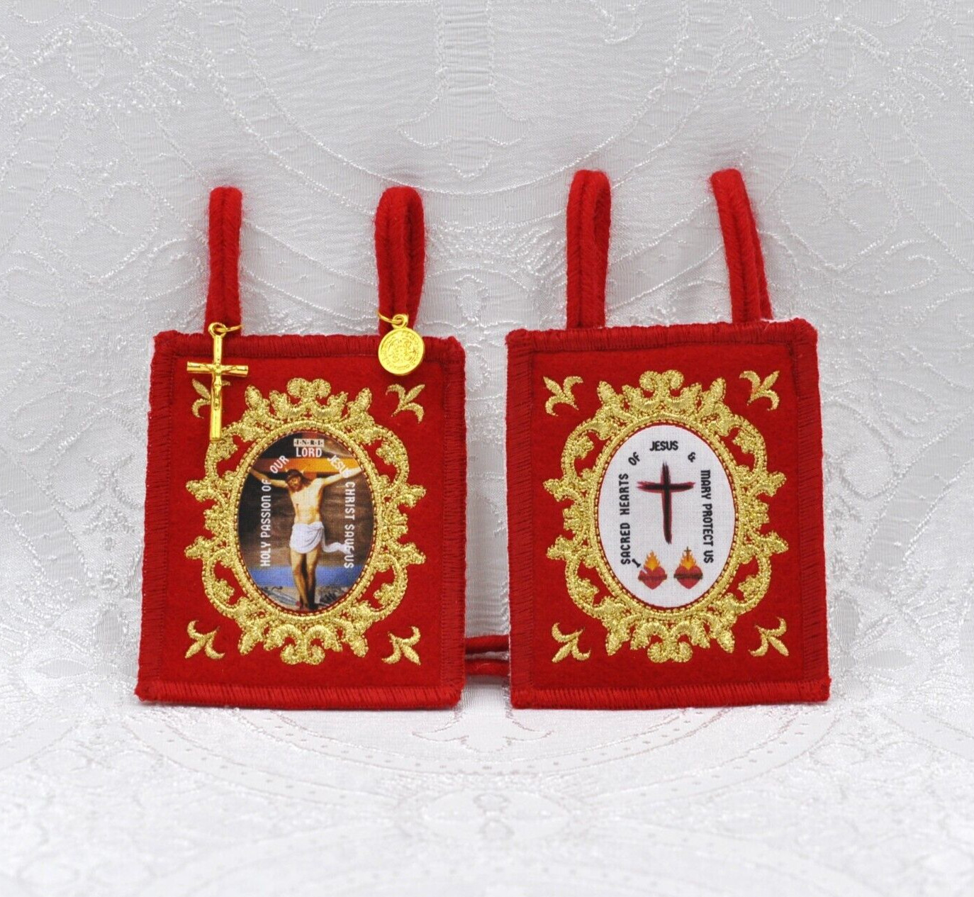 Fivefold Embroidered Wool Scapular with Braided Wool Cords, Large 3.25