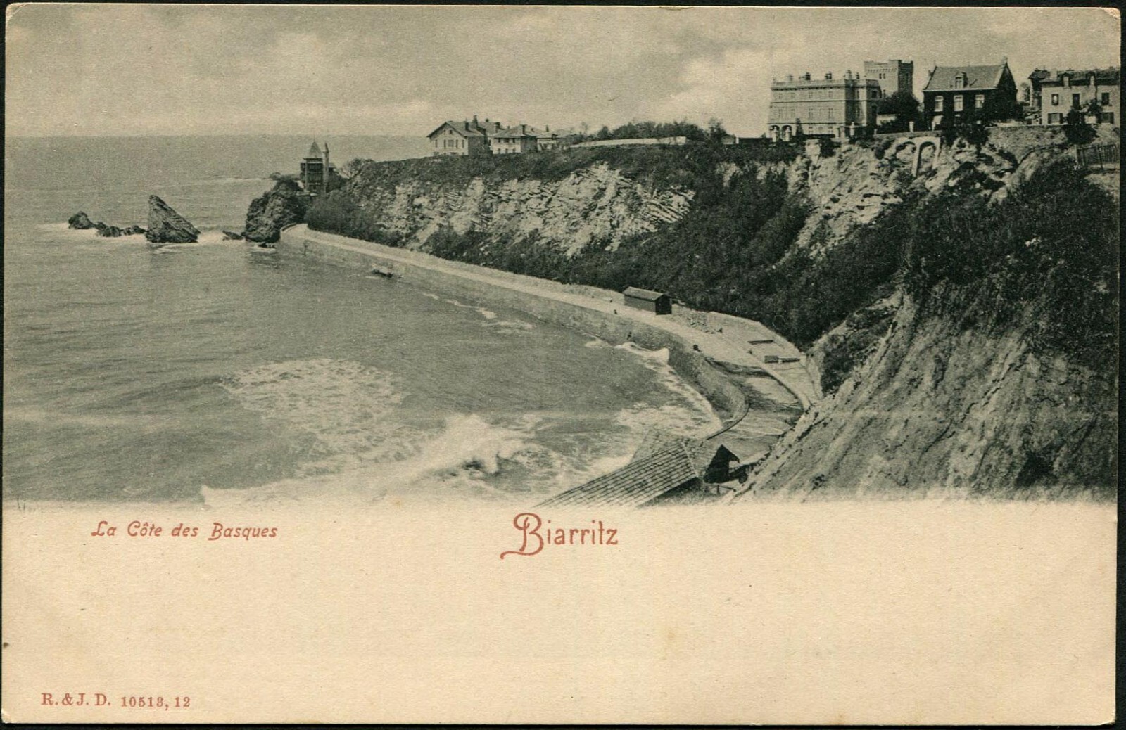 Biarritz La Côte des Basques France PC Vintage R&J D 10513 Cliffs Seawall