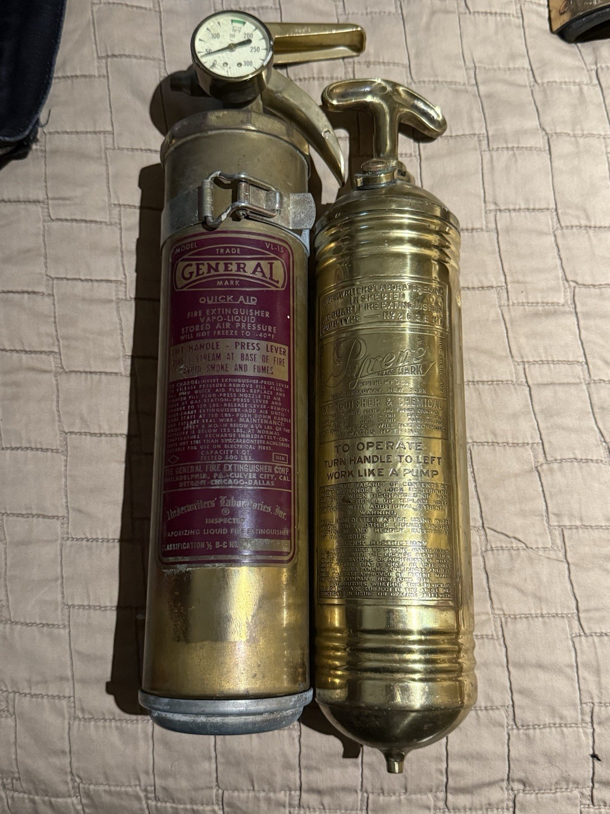 2 Vintage Brass Fire Extinguishers Pyrene & General VL-15 Firefighter