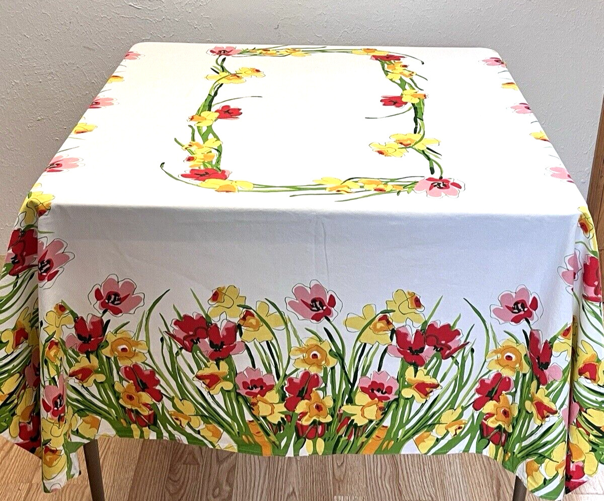 Vintage Vera Neumann Daffodils Poppies Red Yellow Rectangular Tablecloth 53