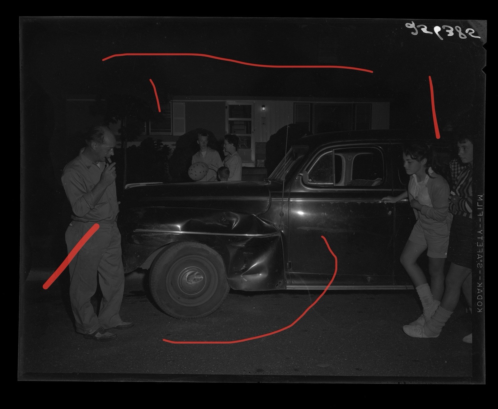 VTG Original Photo Negative Daughter Crash Car Accident Dad Smoking Night Scene