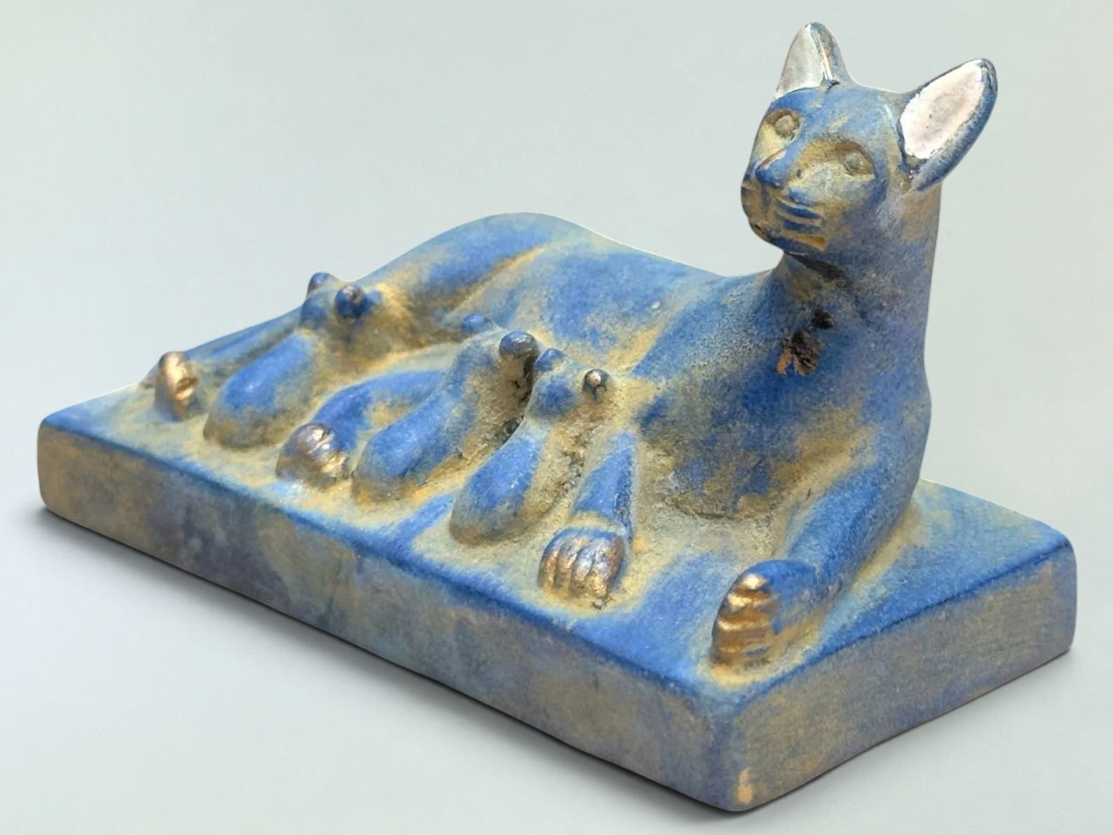 Blue Unique Egyptian Bastet Cat Statue: Nursing Kittens