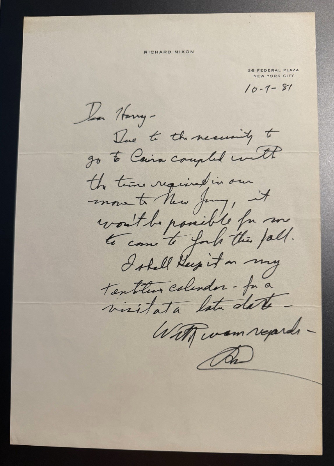 Richard Nixon 1981 Autograph Letter Signed - Day Before Going to Cairo for Sadat