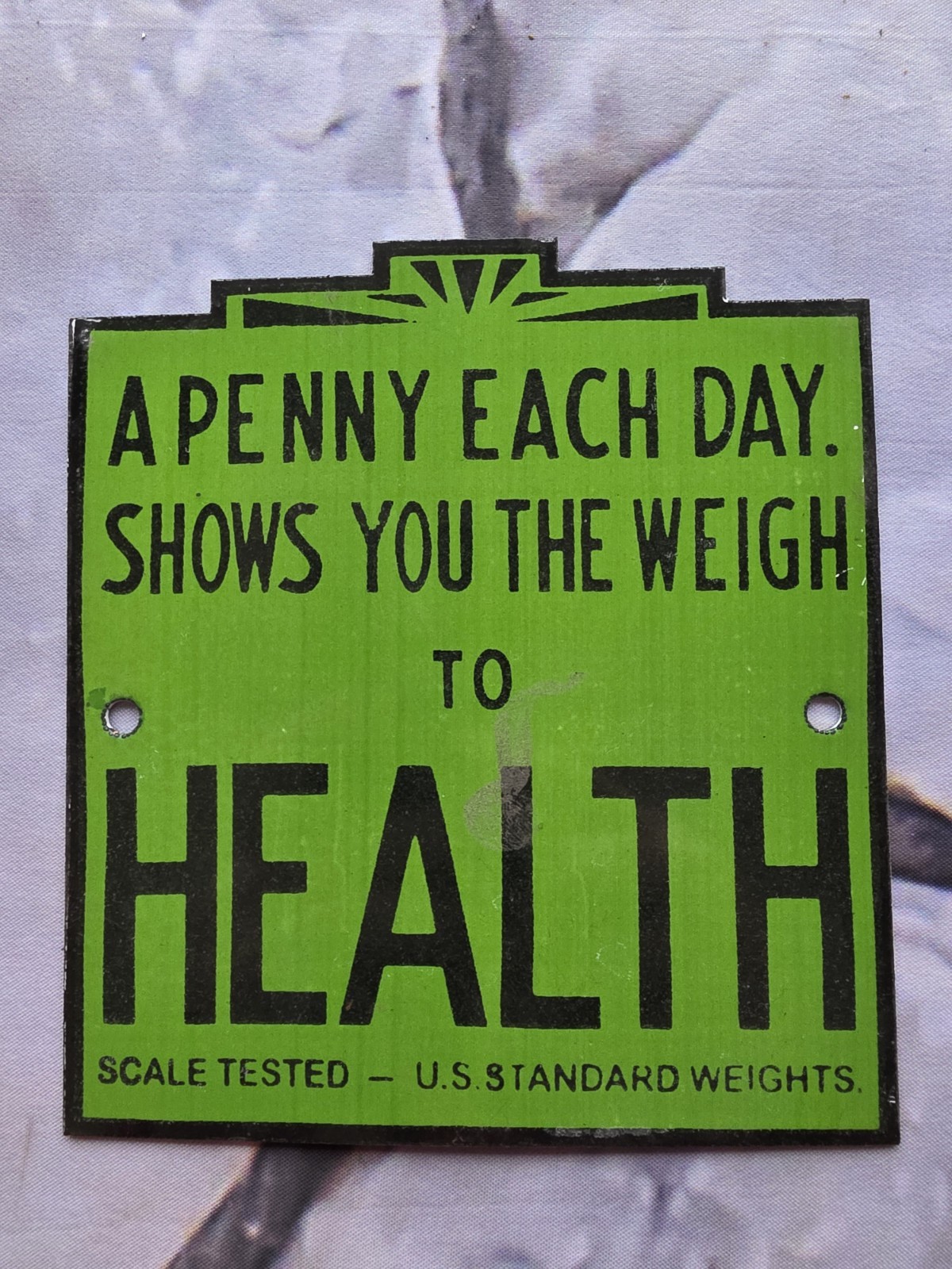 YOU SHOULD KNOW YOUR WEIGHT SCALE BATHROOM PORCELAIN METAL SIGN COBALT COIN GAS 