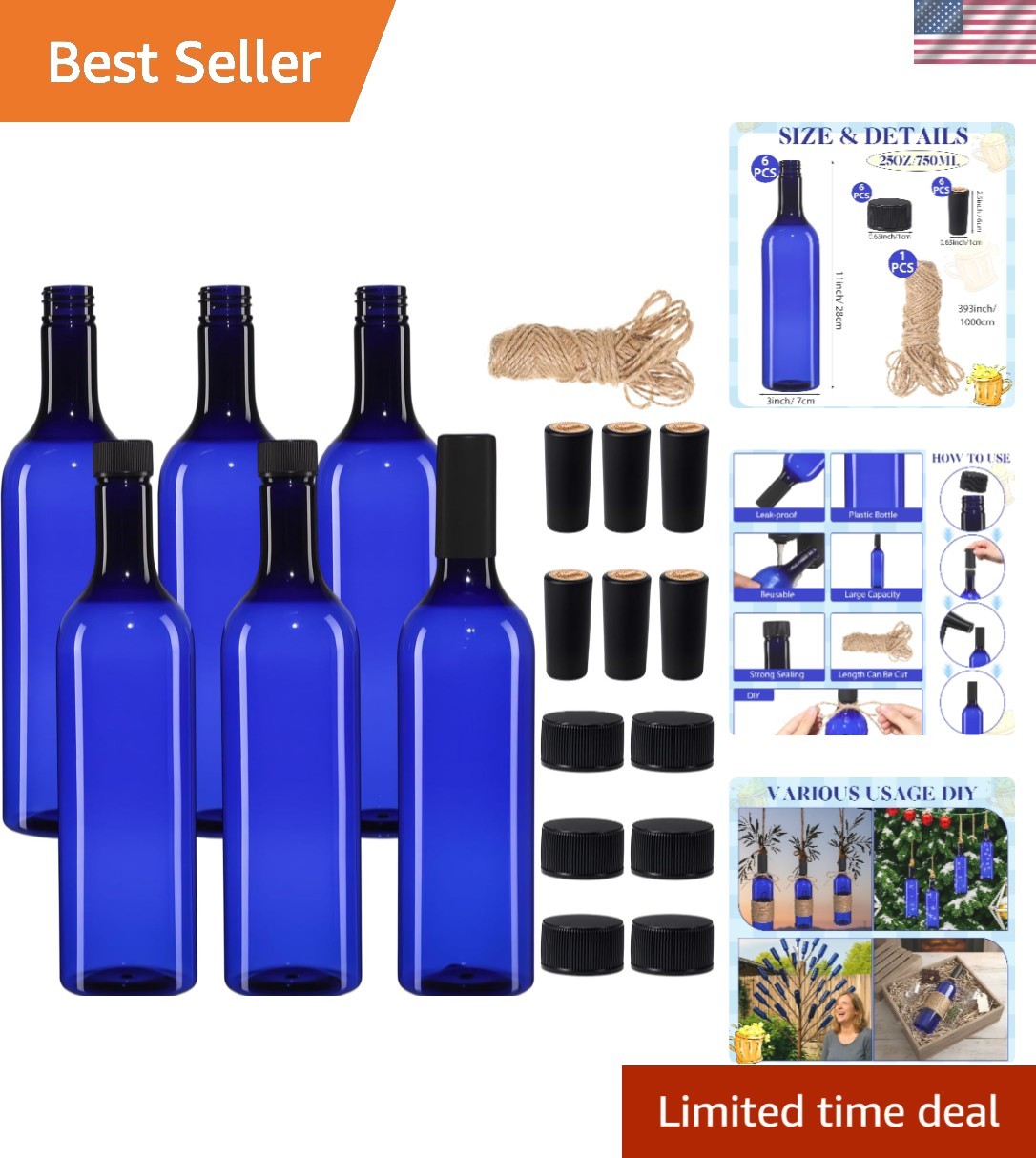 Empty 750ml Blue Wine Bottles with Screw Cap & Seal Rope - 6 Pack for Weddings,