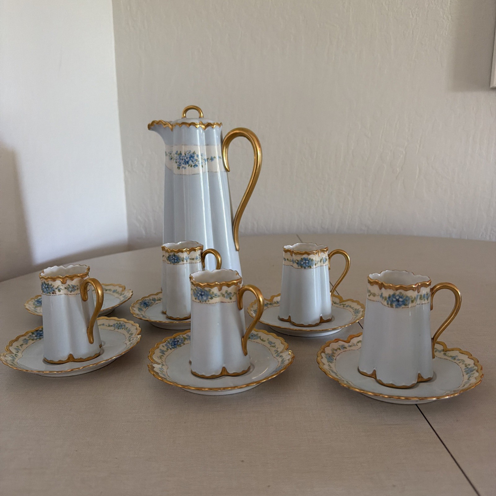 Antique M&Z Austria Porcelain Chocolate Pot Set 5 Cup 6 Saucer