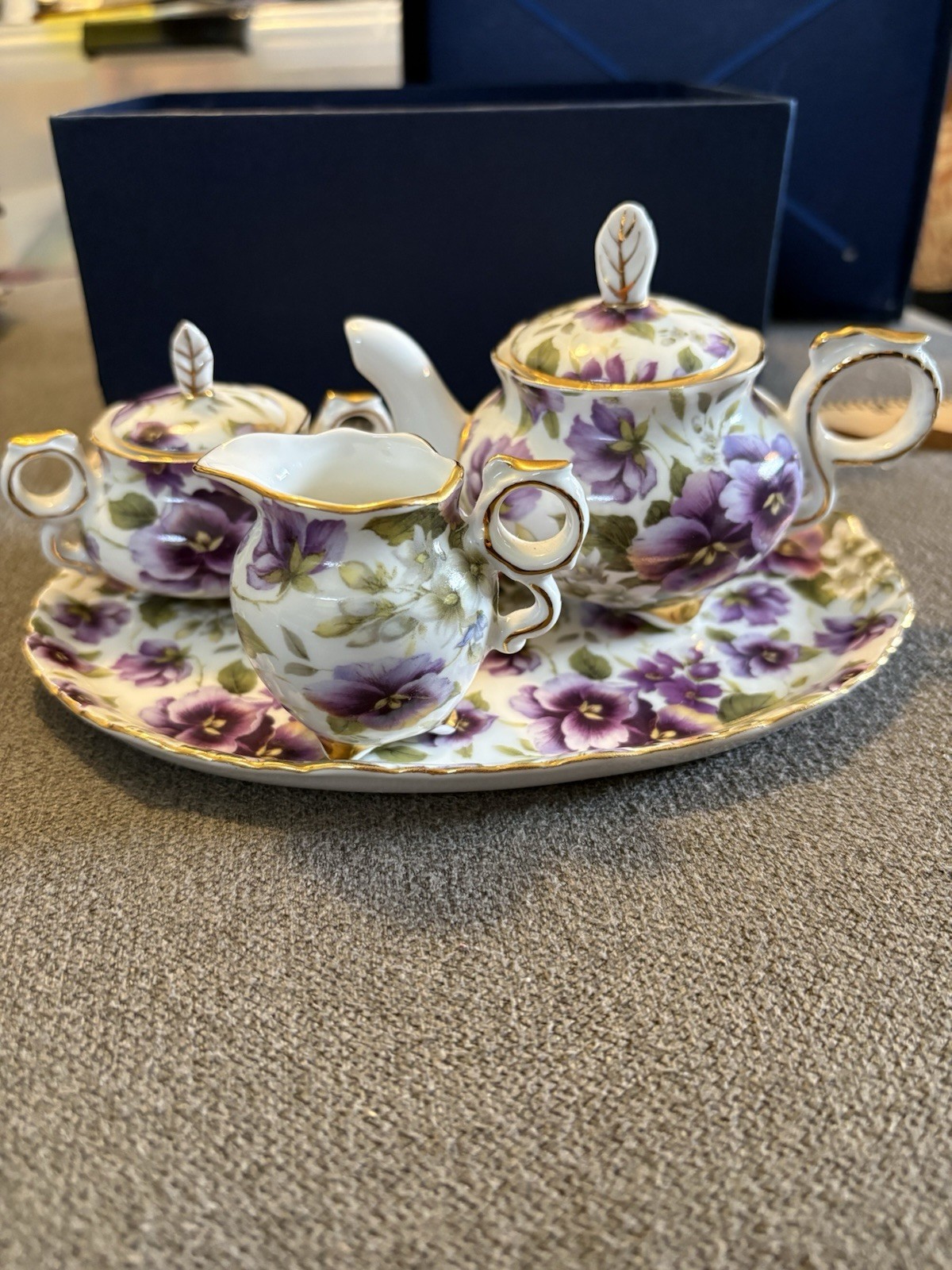 Tea Set Miniatures With Tea Pot, Creamer And Sugar Bowl In Box