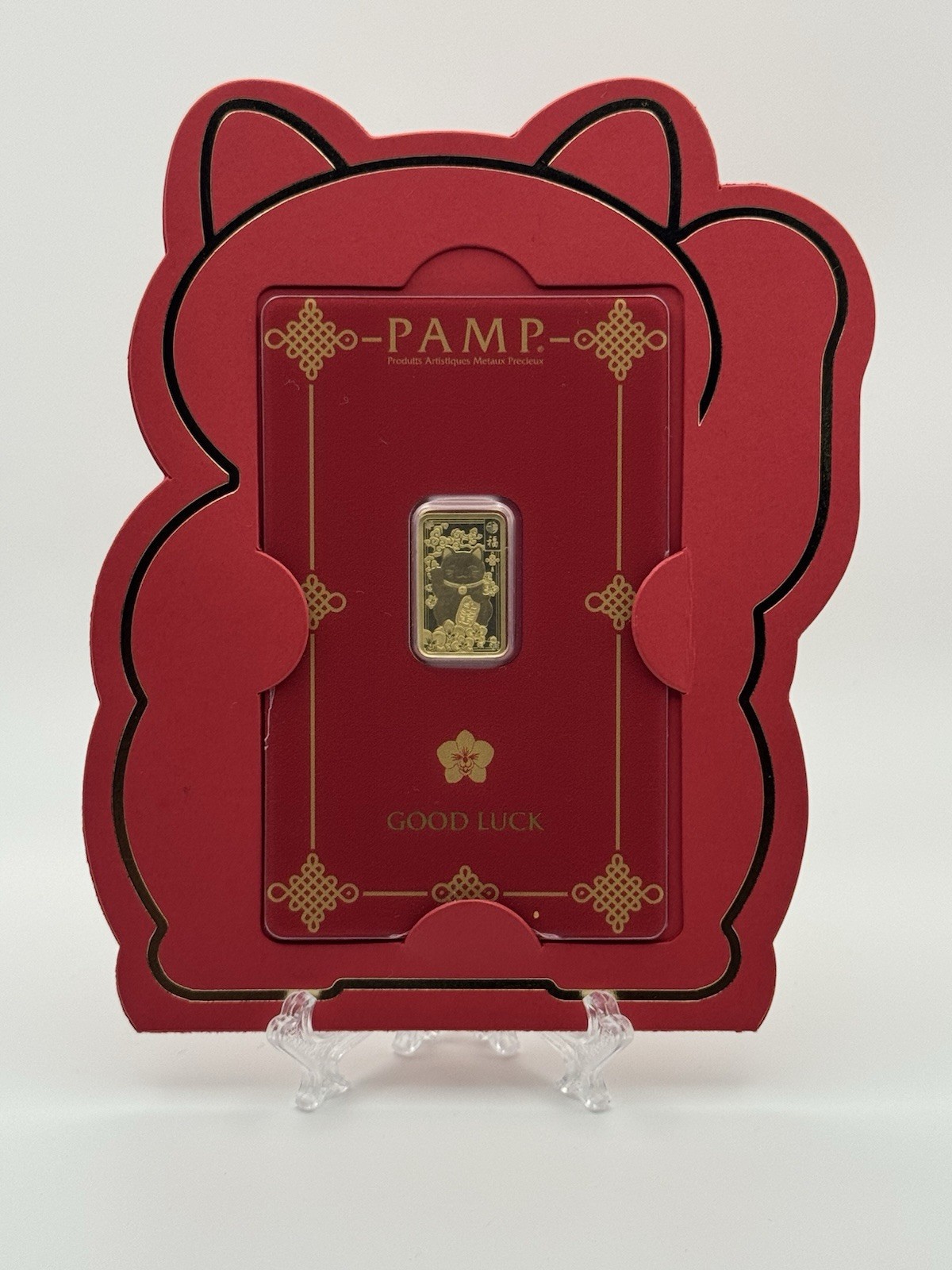 PAMP Suisse 2.5g .9999 Fine Gold Bar in Good Luck Cat Assay Card