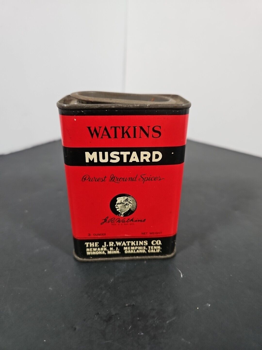 Vintage WATKINS MUSTARD SPICE TIN - J.R. Watkins Co. - 3 Oounce - Red 