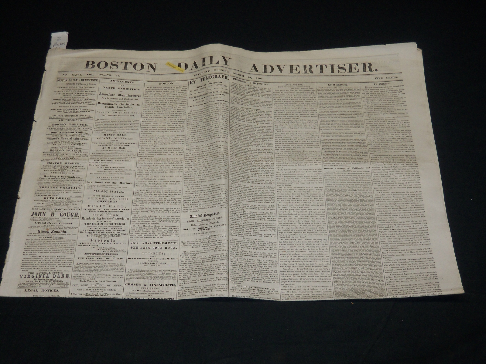 1865 MARCH 25 BOSTON DAILY ADVERTISER NEWSPAPER - NEGRO CONSCRIPTION - NP 4843