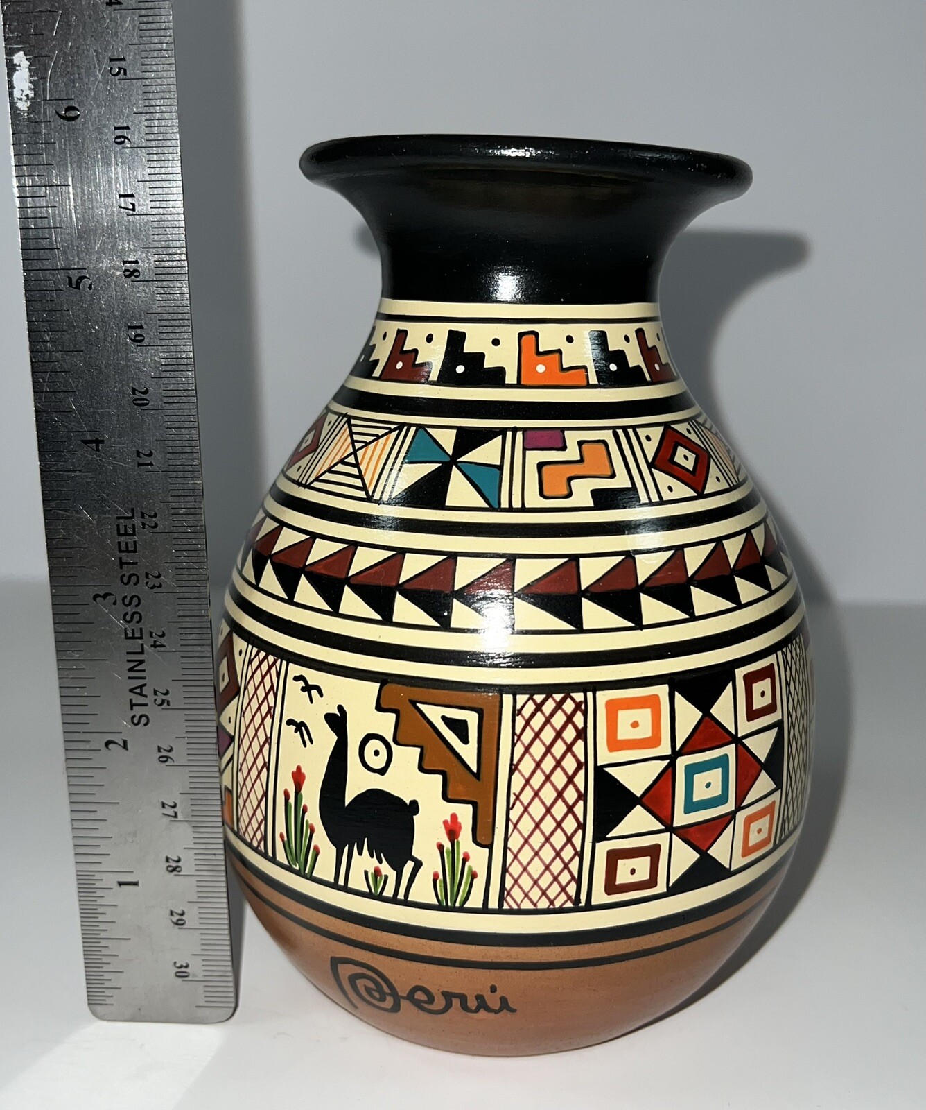 Peru Ceramic Hand Painted Vase Pot Inca Lamas Boho Southwest Cusco Style 9”x3”