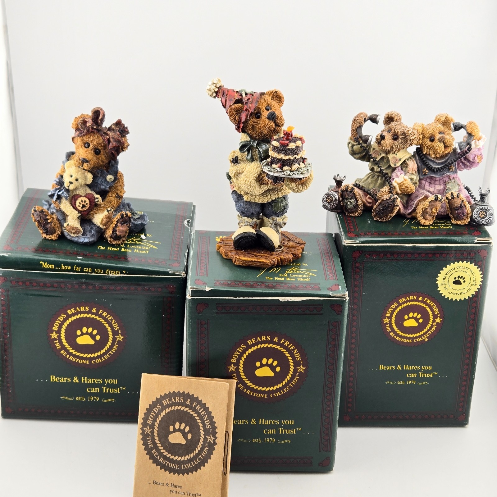 Boyds Bears Bearstone Collection Lot of 3 Vintage 90s Resin Figurines with Boxes