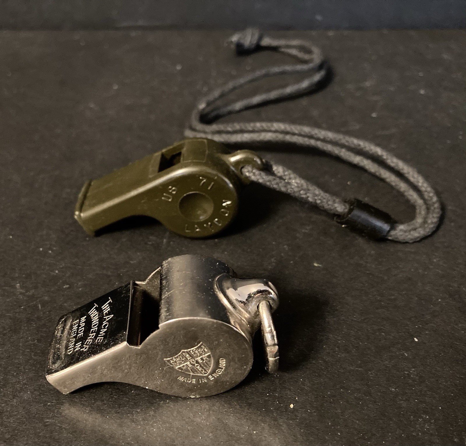 2 Lot Whistles, Metal UK Military Acme Thunderer & Plastic USA Military Style