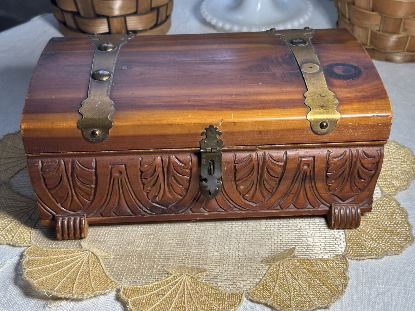 Vintage 1938 Hand Carved Aromatic Cedar Jewelry Trinket Chest Brass Straps