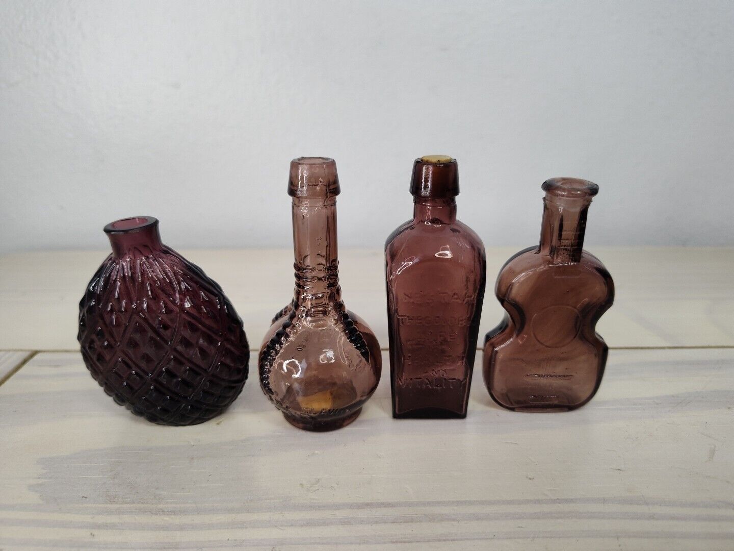 Antique Vtg Amethyst Purple Glass Miniature Bottles Decor