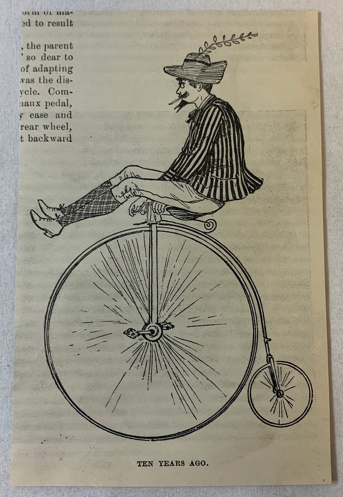 1895 magazine engraving ~ A BICYCLE TEN YEARS AGO in 1885