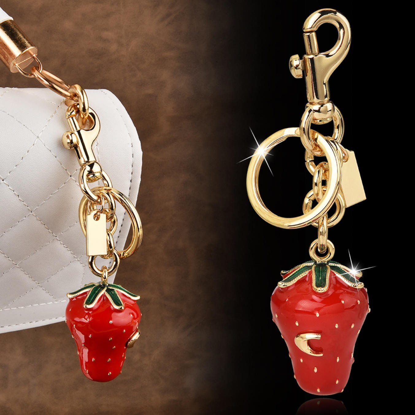 Coach Strawberry Bag Charm Keychain Resin and Metal Brass Keychain Ornament New