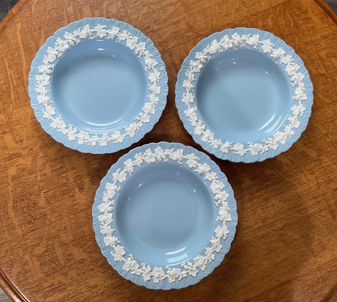 Wedgwood Embossed Queensware 3 cream on lavendar shell edge 8” rimmed soup bowls