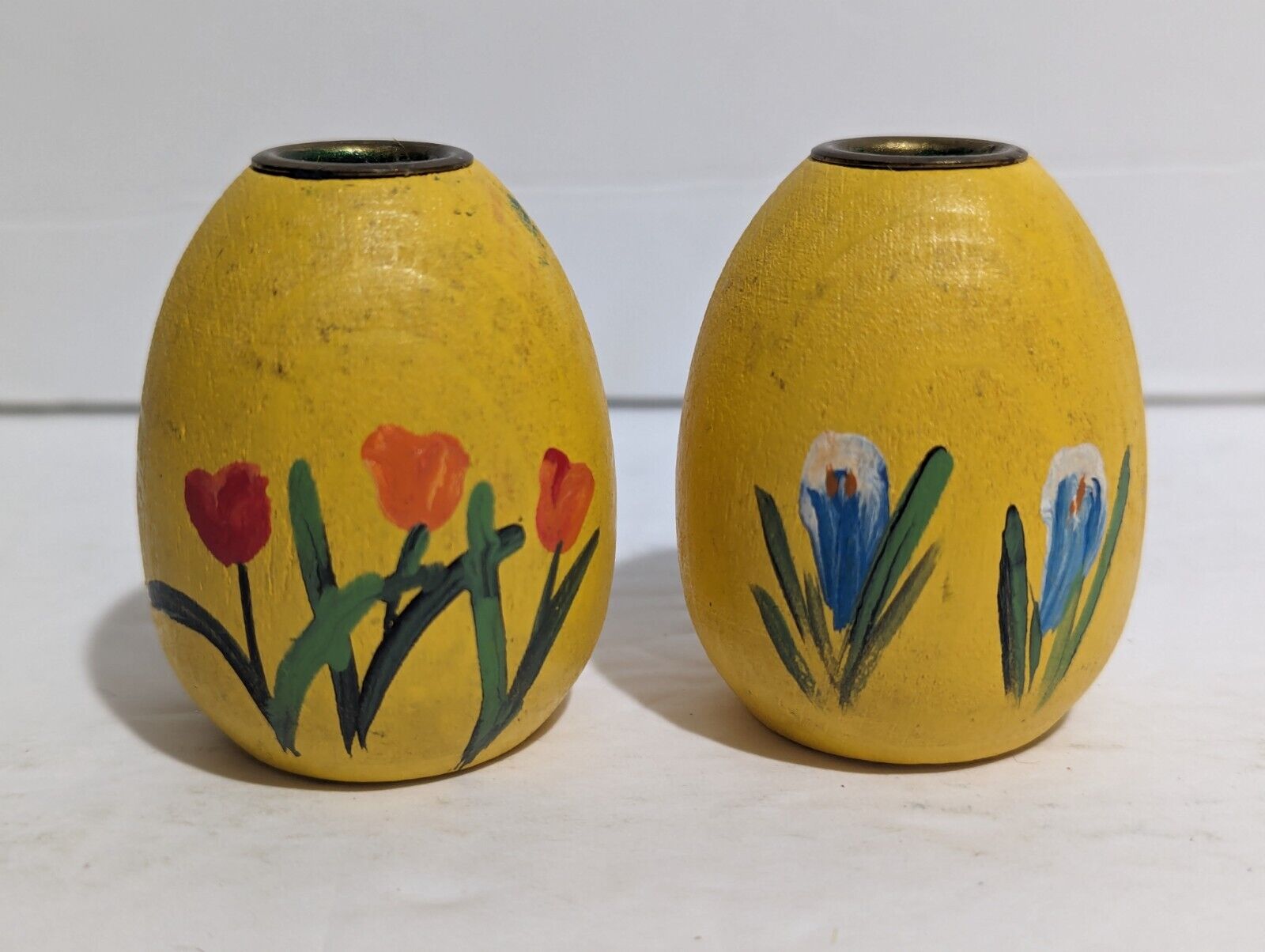 2 - Vintage Wood Easter Eggs Candle Holders Anne Beate Hand Painted Denmark MCM