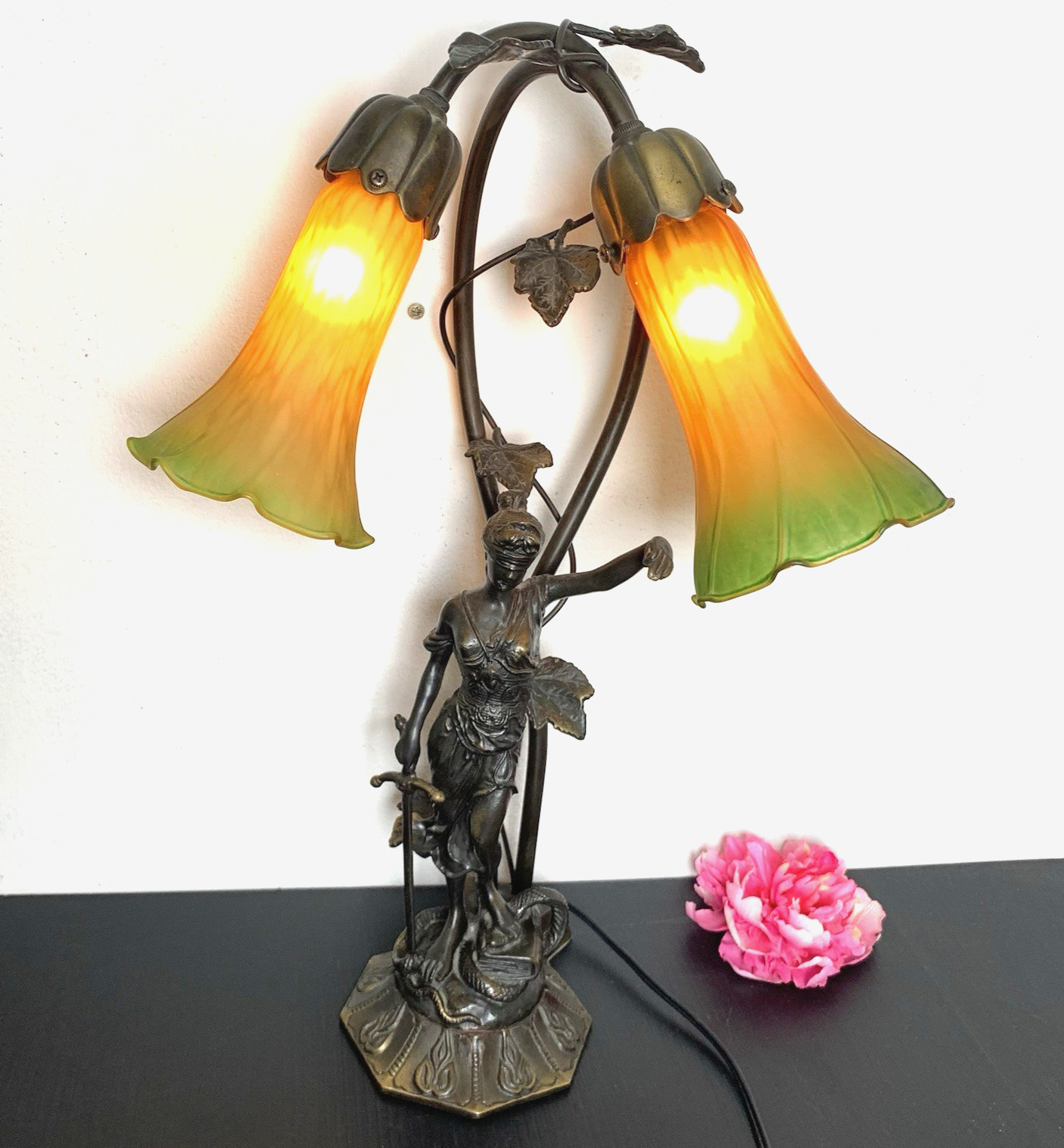 Art Nouveau - Lily Bronze Blind Lady of Justice Figural Table Lamp