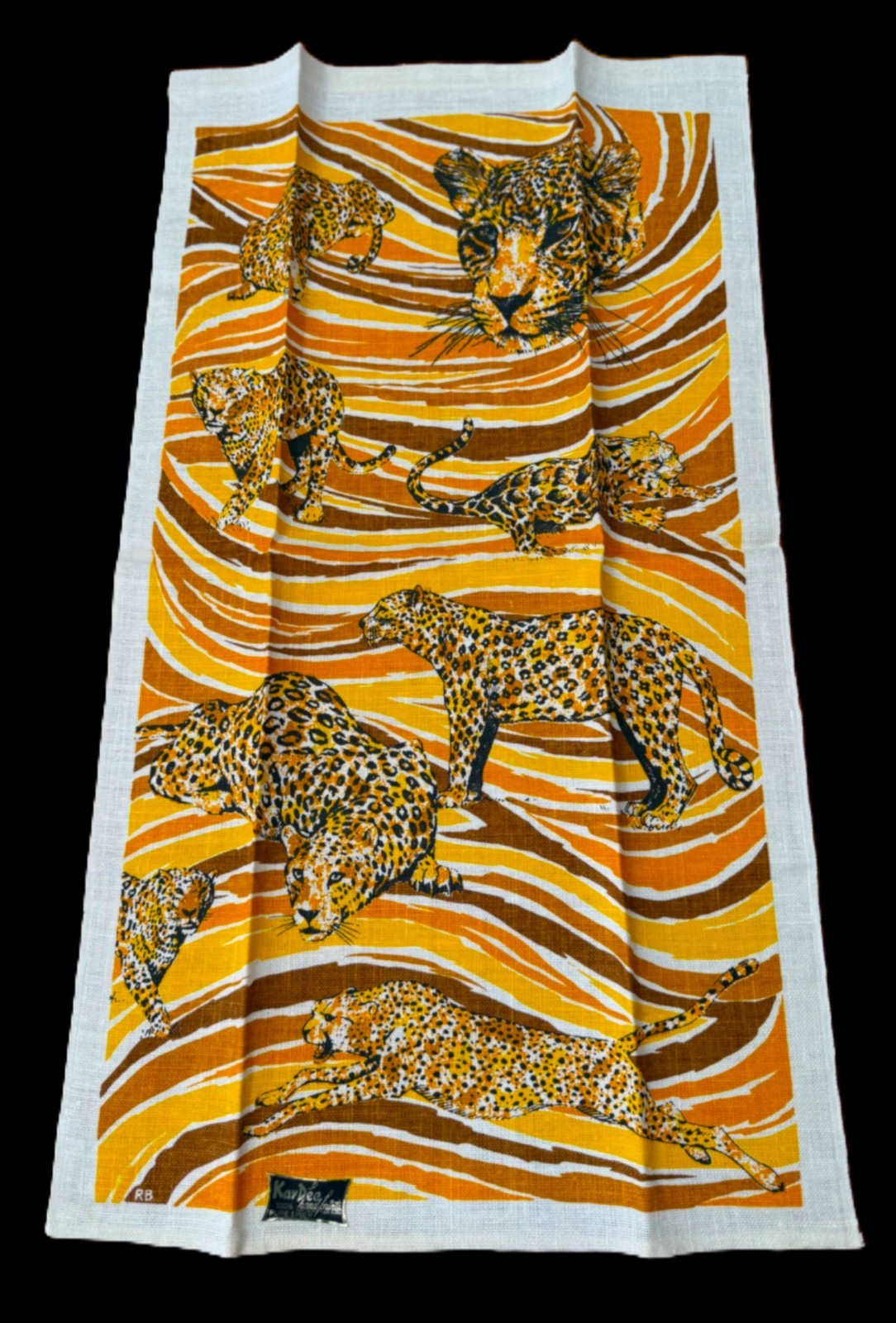 MWT 60s Kay Dee Handprints LEOPARDS Pure Linen Tea Towel Wall Art Signed RB