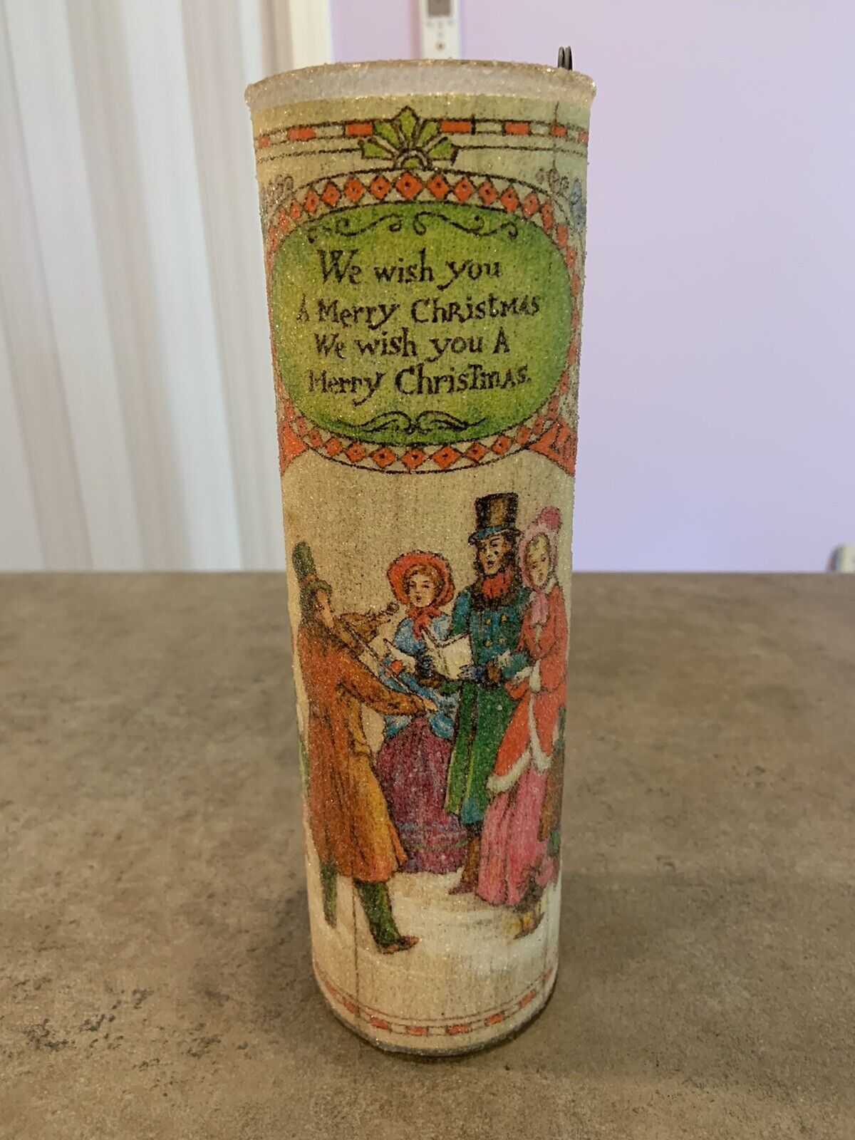 Vtg Victorian Merry Christmas Sugar Frosted Coated Glass Pillar Candle 9”