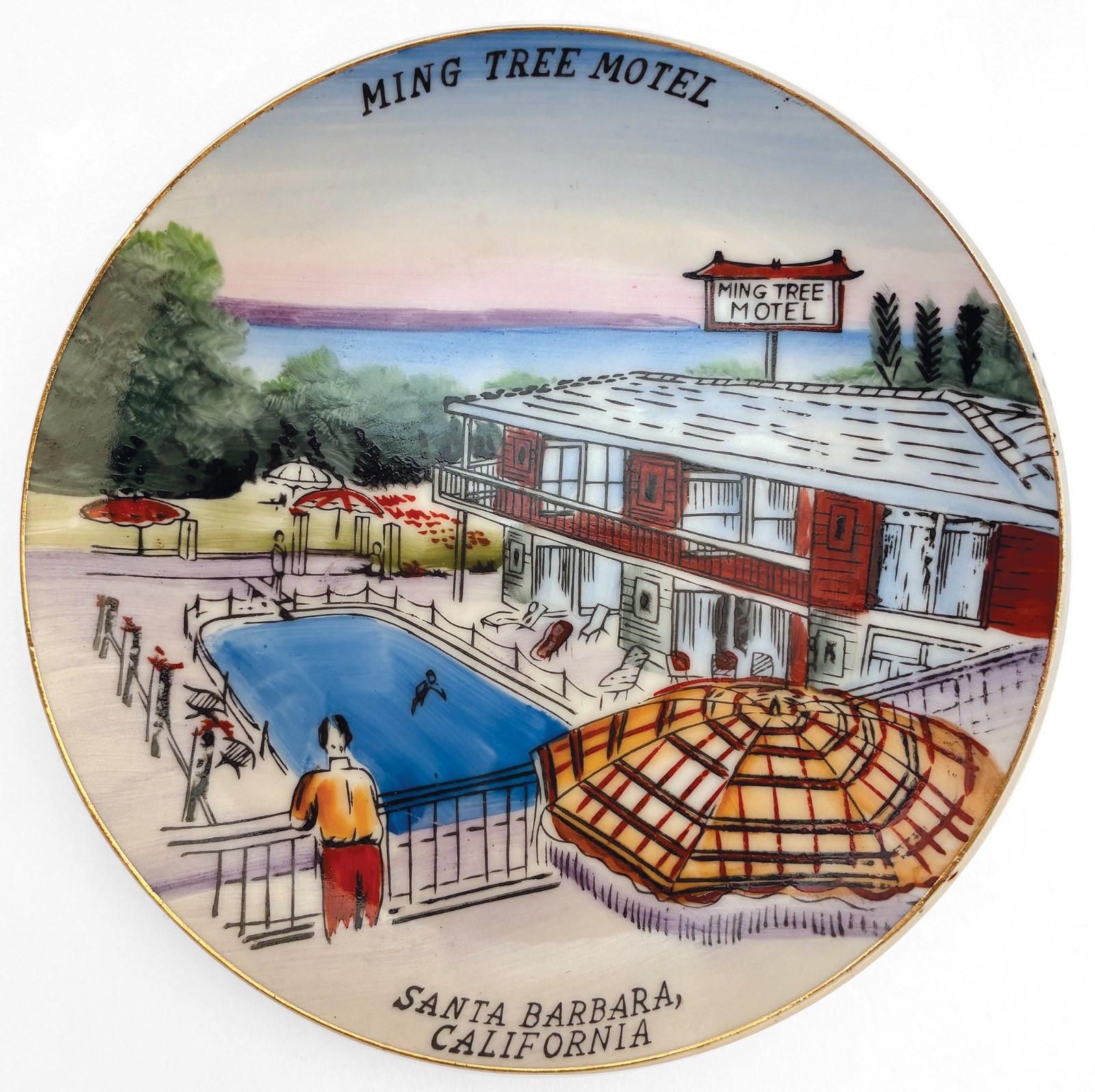 Vintage Souvenir Plate MING TREE MOTEL Santa Barbara California CA Hand Painted