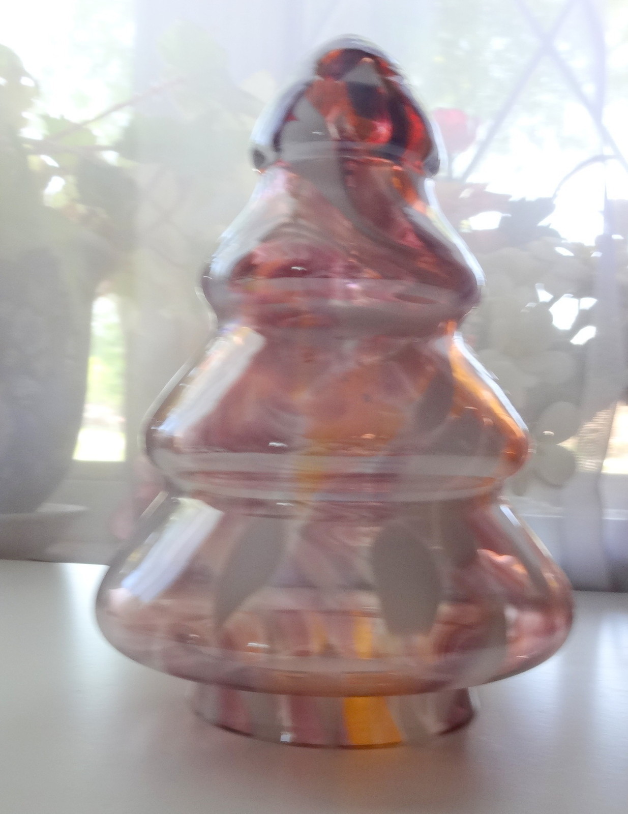 Christmas Tree Pink Iridescent Carnival Slag Glass Bohemian Mouth Blown 9 1/2\