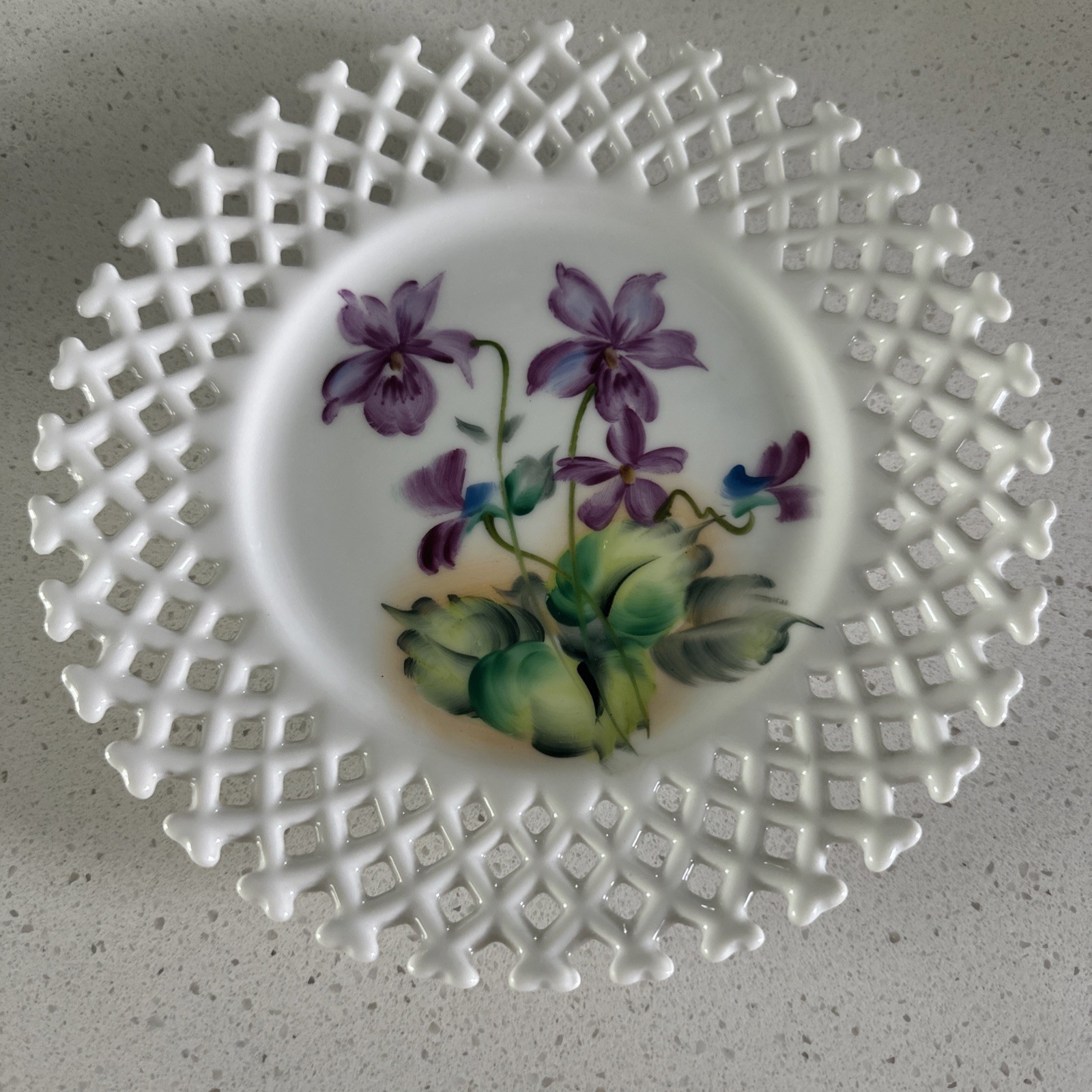 Vtg Lefton Plate Purple Violet Flowers Open Lattice Lace Edge Hand Painted RARE