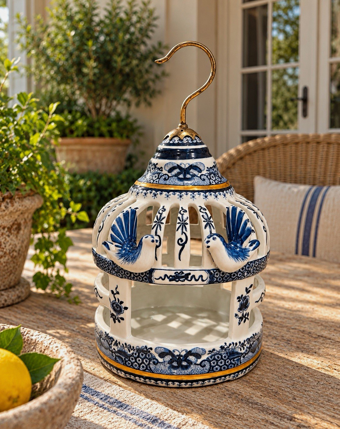 Vintage Chinese Blue White Porcelain Bird Feeder Brass Hook Chinoiserie 15”