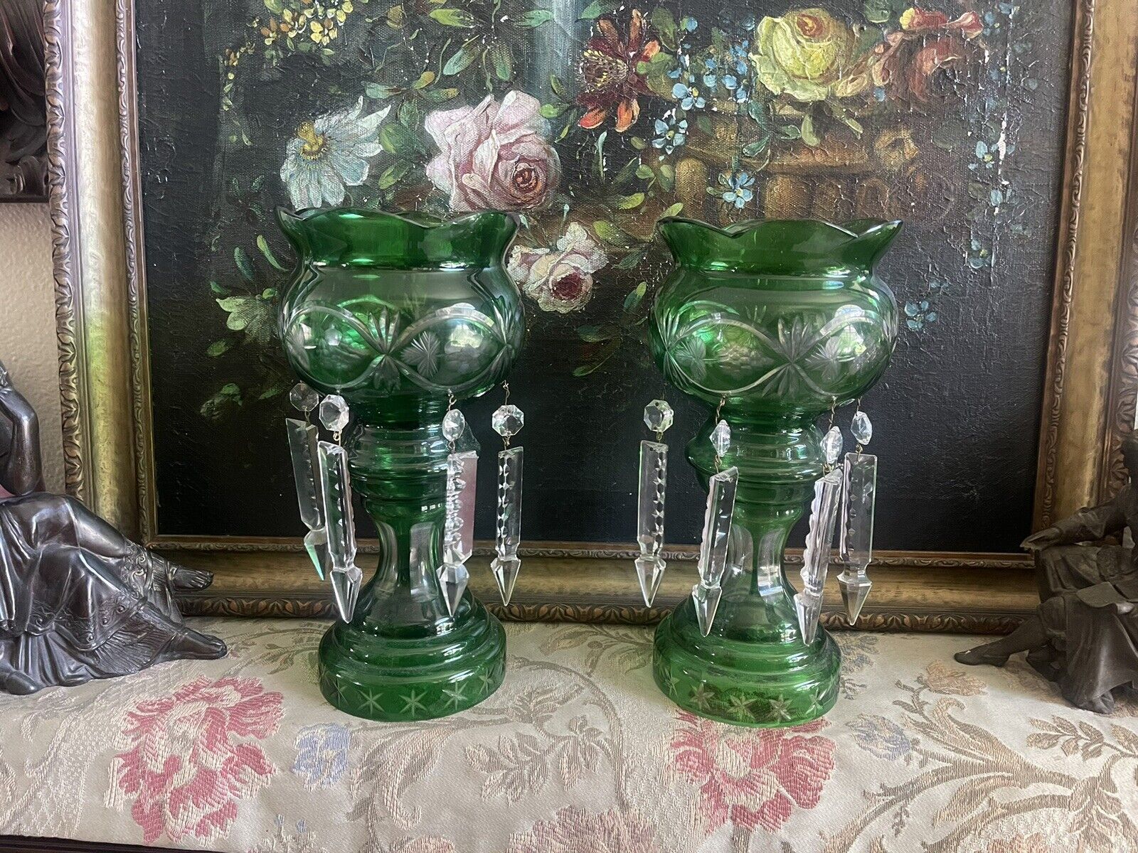 2 Antique Green Etched Glass Mantle Lusters - Floral Prisms - Estate Find