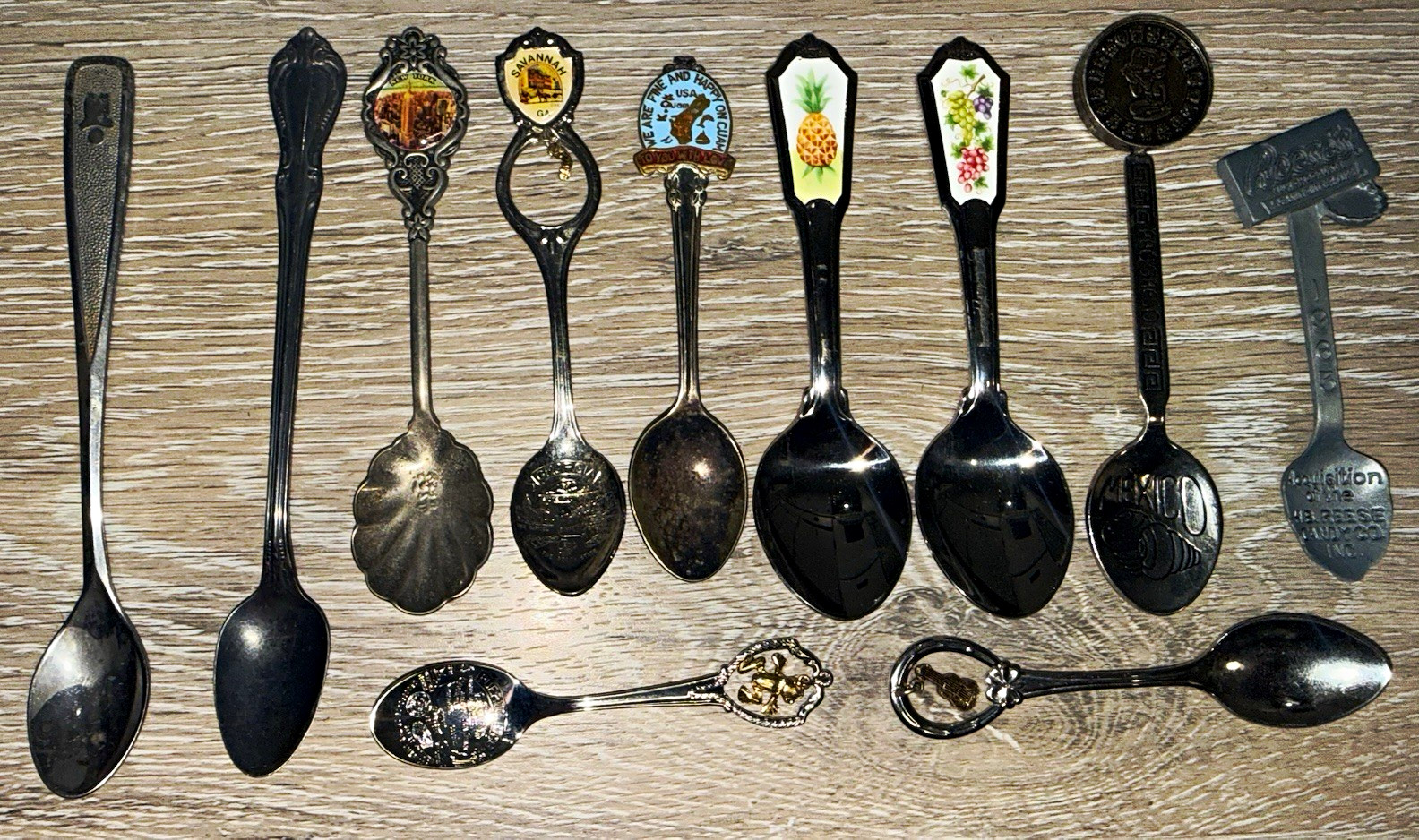 Lot of 11 Vintage Travel Souvenir Metal Spoons Mixed Design- Reeces, Avon +More