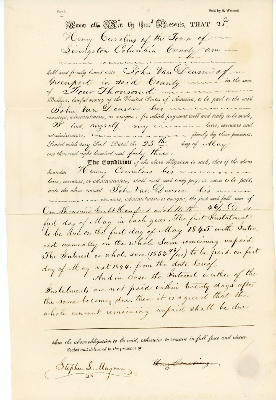 1843 Bond – Henry Cornelius to John Van Deusen Columbia County NY Legal Document 1843 Bond – Henry Cornelius to John Van Deusen Columbia County NY Legal Document