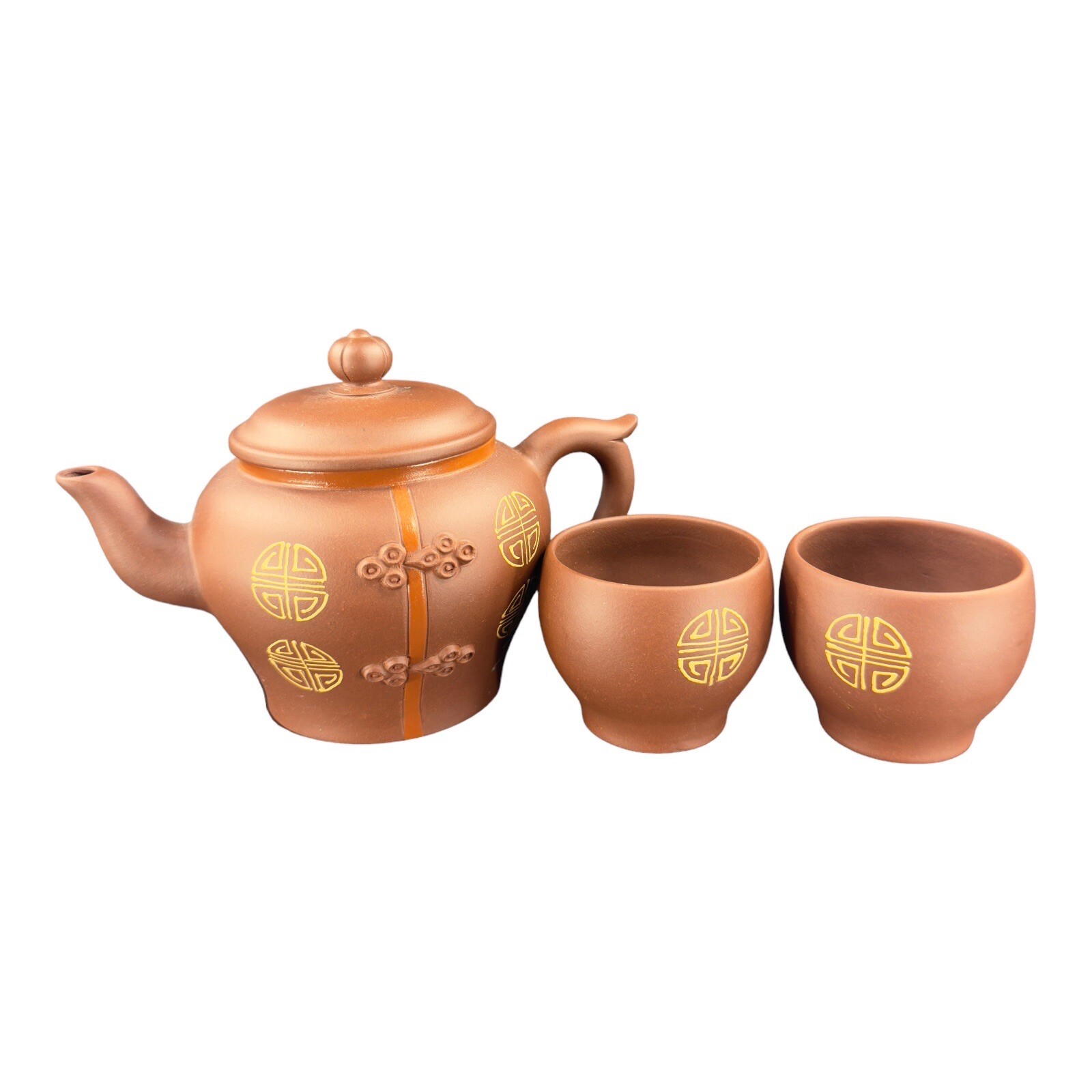 Vintage Yixing Zisha Clay Handmade RedWare Pottery Teapot W Two Cups Marked