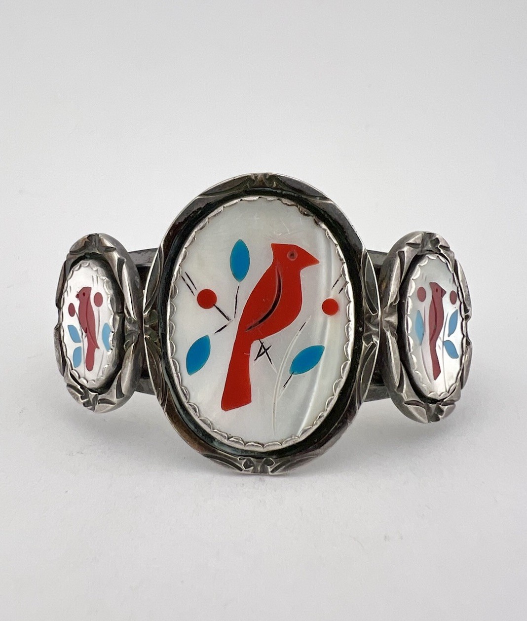 Vtg Zuni Sterling Silver Multi Gem Cardinal Bird Flush Inlay Cuff Bracelet 42.2g