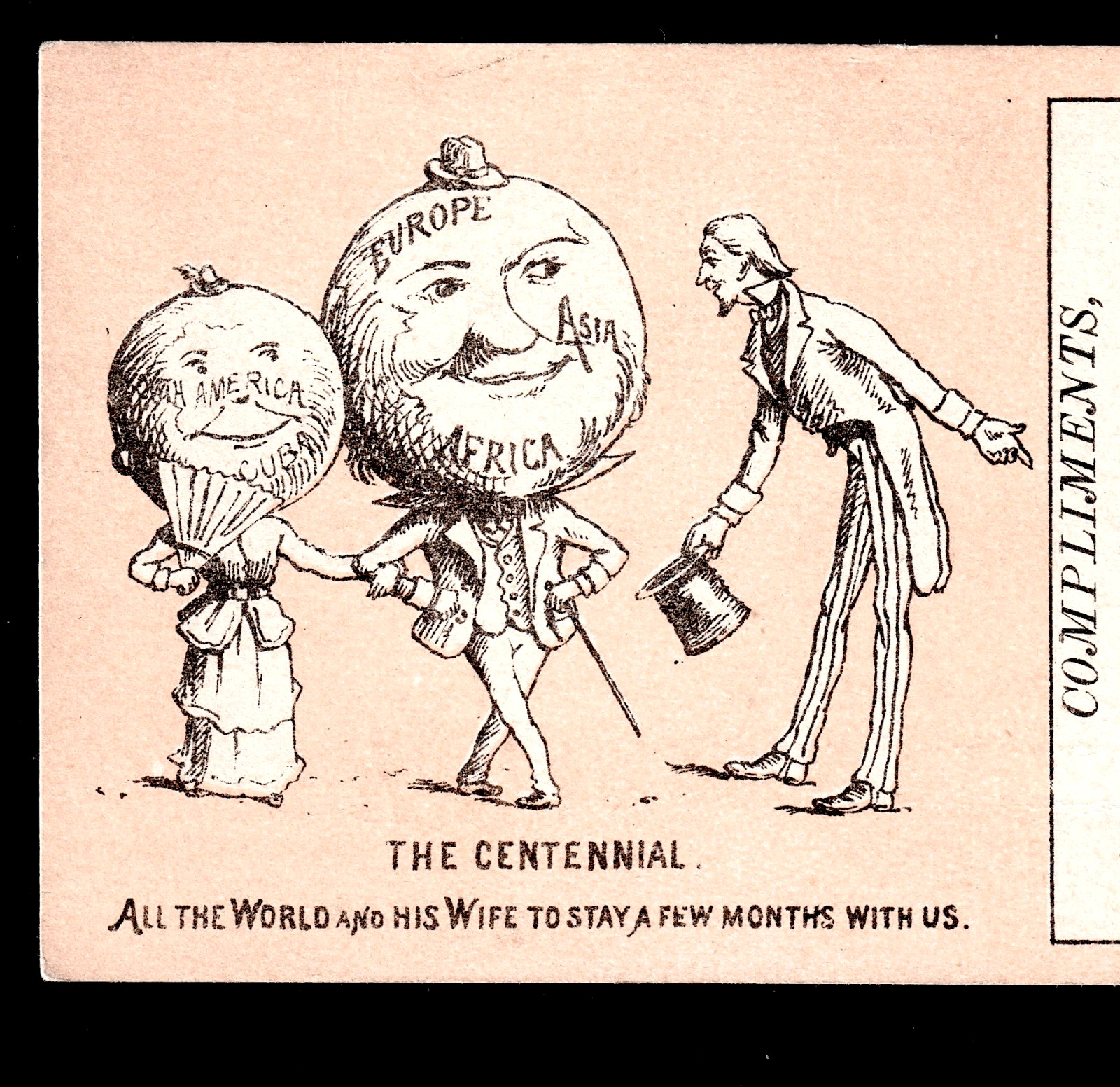 Uncle Sam 1876 Centennial Expo Union, ME Hair Barber World Prang Trade Card j.US