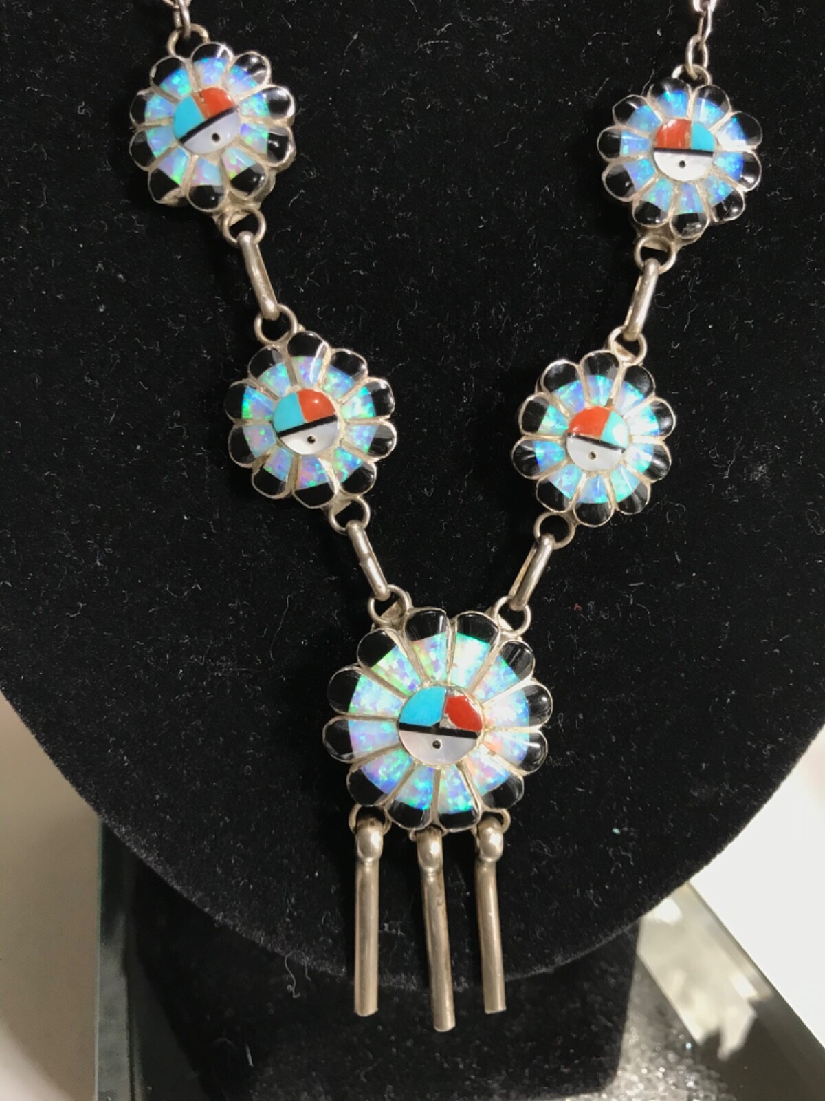 Rare Zuni Antique Inlaid Genuine Opal turquoise Onyx Sun Face Necklace, Signed