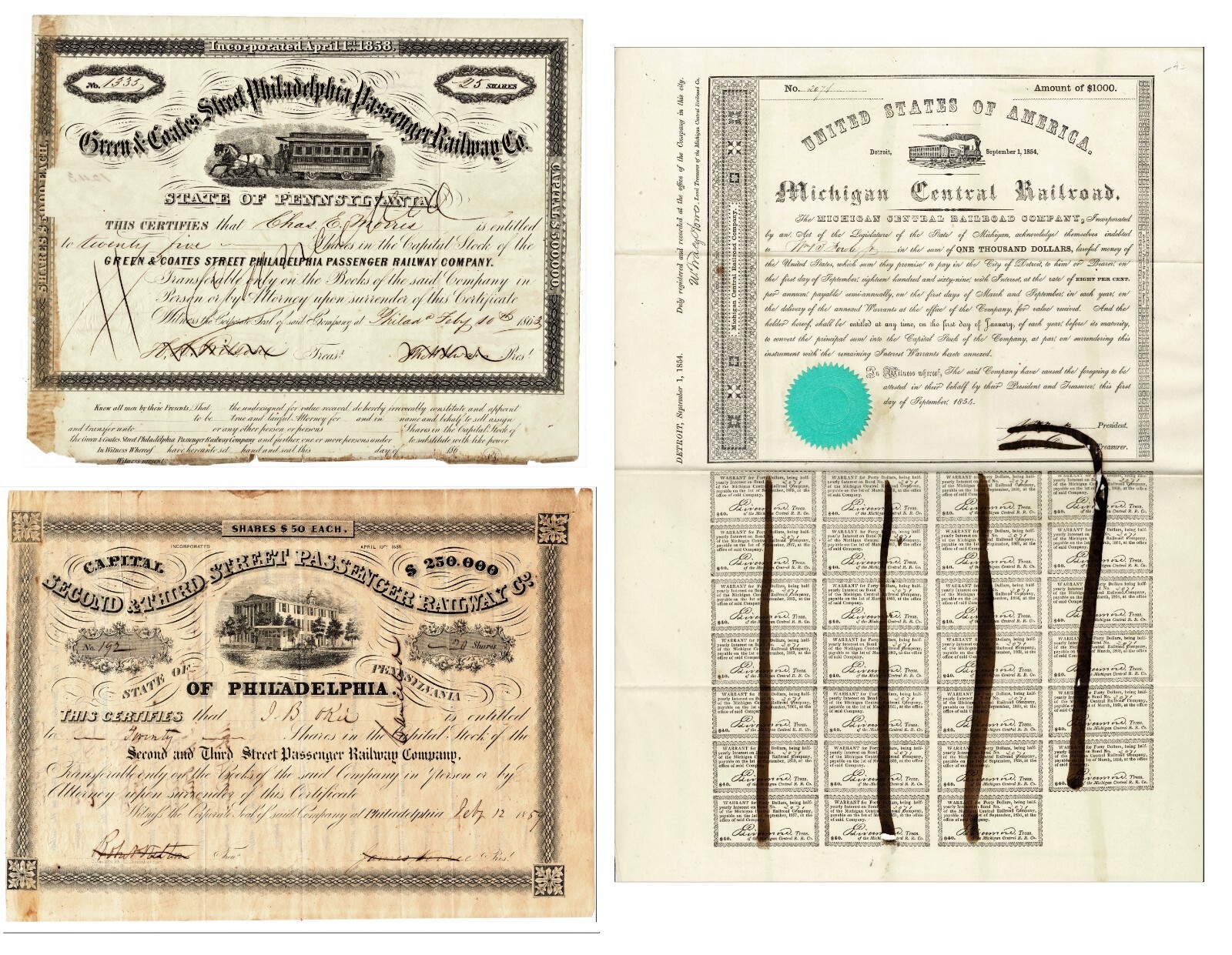 3 US Railroad Stocks 1850-60s Green & Coats, Michigan, Second & Third