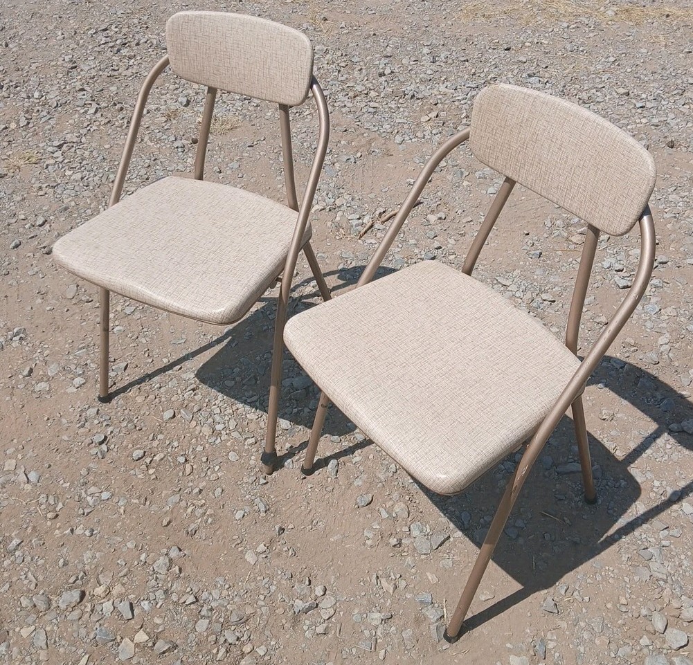 X2 Vintage 1948 Atomic Cosco Hamilton Metal Folding Chairs Vintage MCM ((READ) ) X2 Vintage 1948 Atomic Cosco Hamilton Metal Folding Chairs Vintage MCM ((READ) )