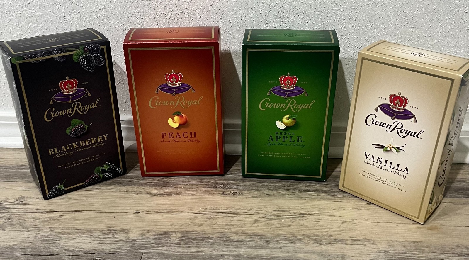 Lot of 4 Crown Royal Flavored Whisky Bottles – Peach, Apple, Vanilla, Blackberry Lot of 4 Crown Royal Flavored Whisky Bottles – Peach, Apple, Vanilla, Blackberry