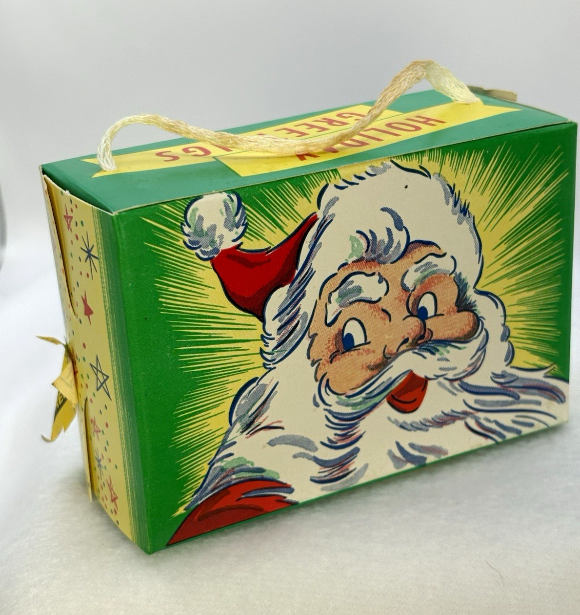 Vtg Christmas 50’s Santa Claus Paper Cardboard Candy Cookie Box w/ String Handle