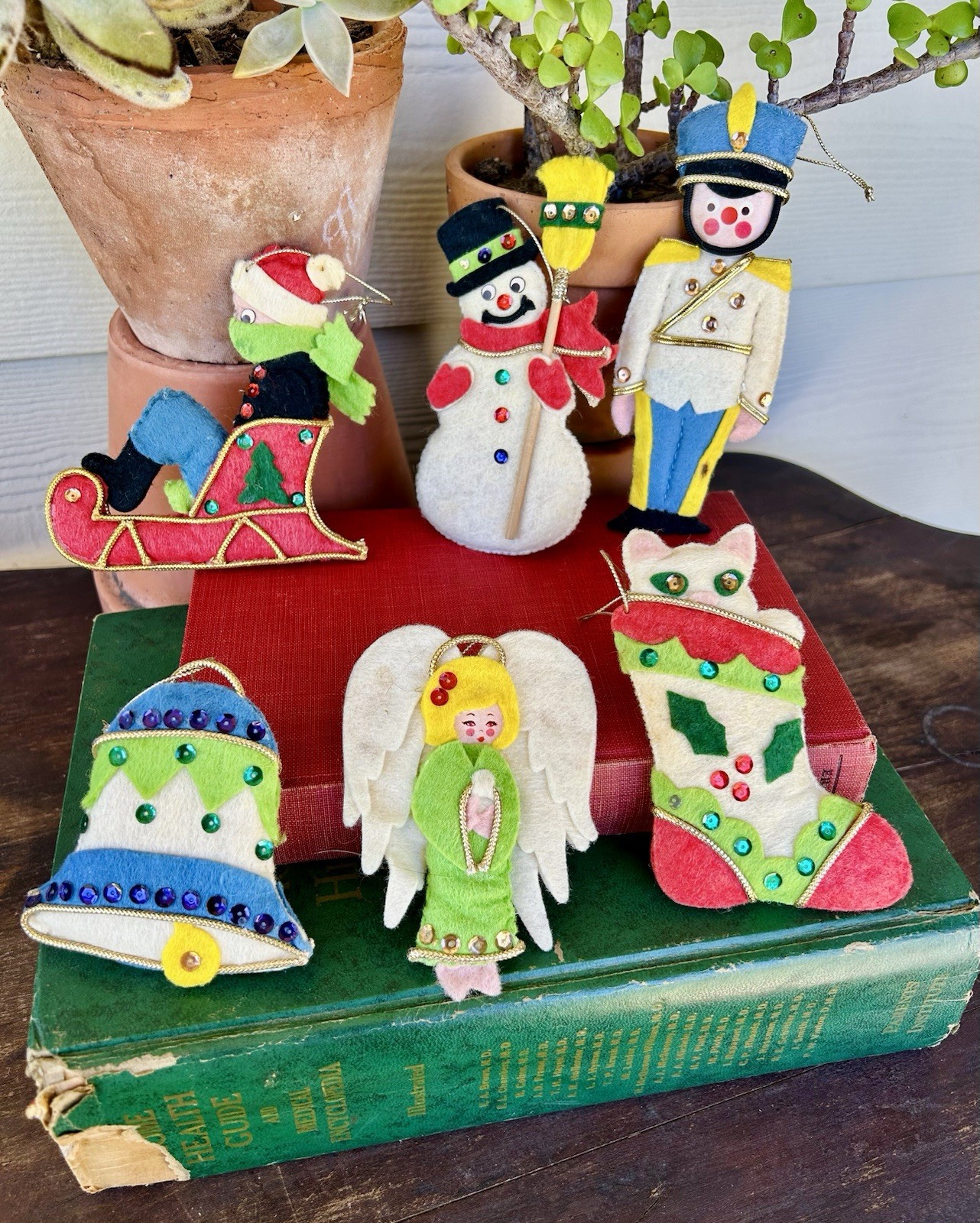 Vintage 1950s~Handmade Felt and Sequin Christmas Ornaments~Lot Of 6