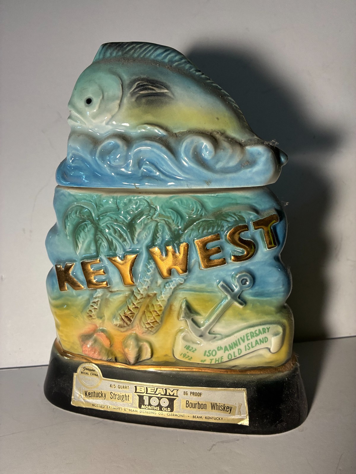 JIM BEAM KEY WEST FLORIDA THEME CHINA LIQUOR DECANTER, CERAMIC 150th Anniversary