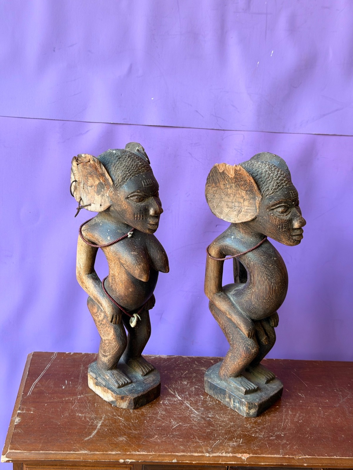 Vintage Fon Venavi Twin Figures Pair Benin Carved Wood African Sculpture 11