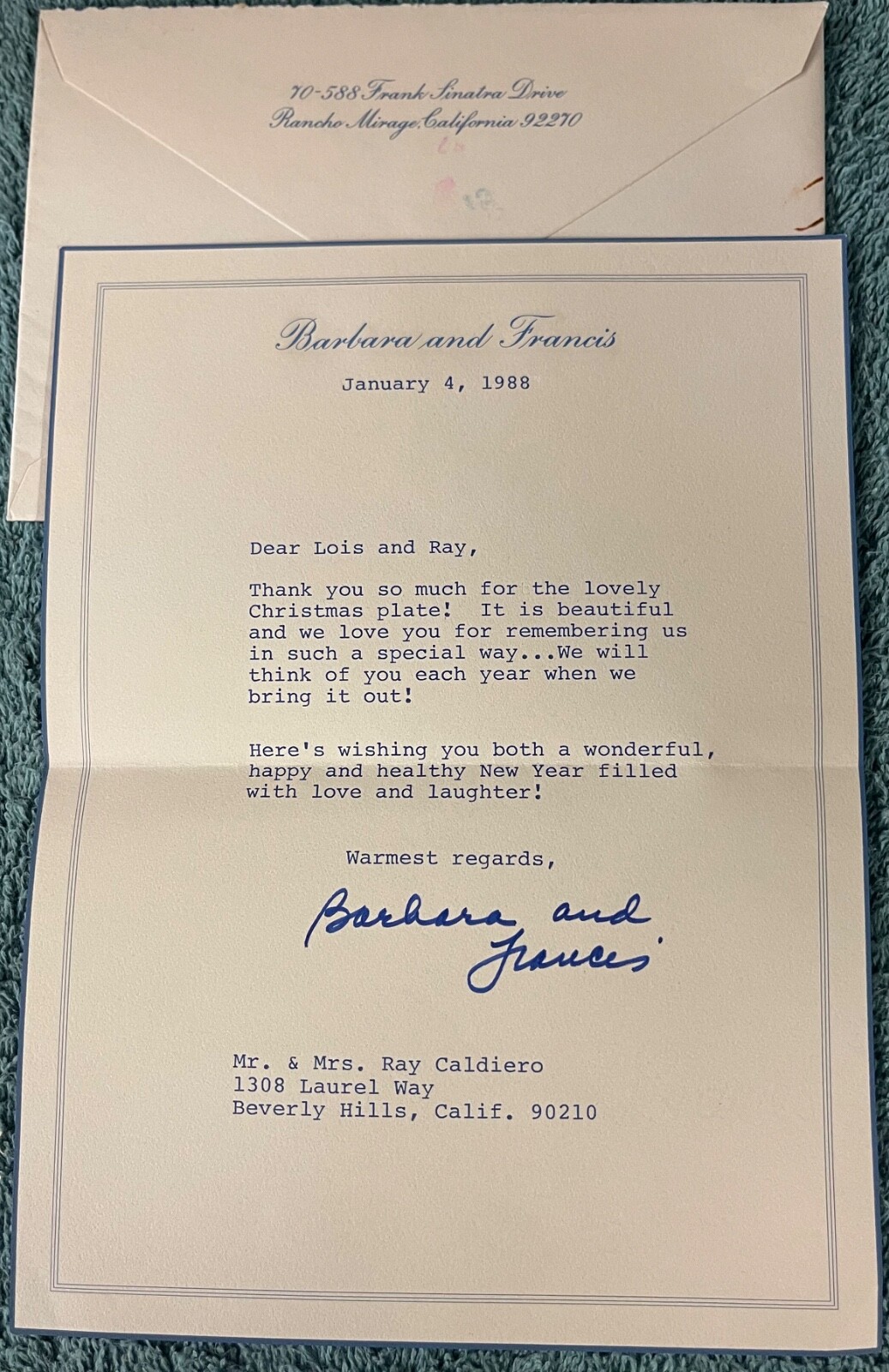 Frank Sinatra- Wife Barbara Sinatra Authentic Signed Thank you note 1988