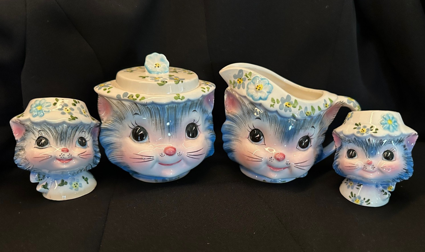 Vintage 5 Piece Lefton Miss Priss Blue Kitty Tea Set Creamer Sugar Shakers Cat