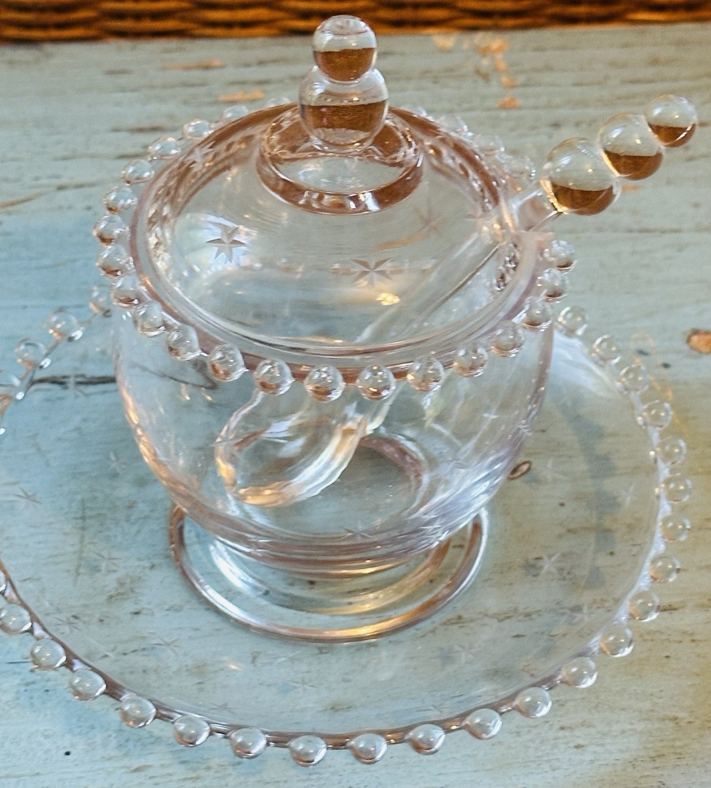 Imperial Glass CANDLEWICK 4-PIECE Sugar Bowl Plate And Spoon Set Etched Stars Imperial Glass CANDLEWICK 4-PIECE Sugar Bowl Plate And Spoon Set Etched Stars